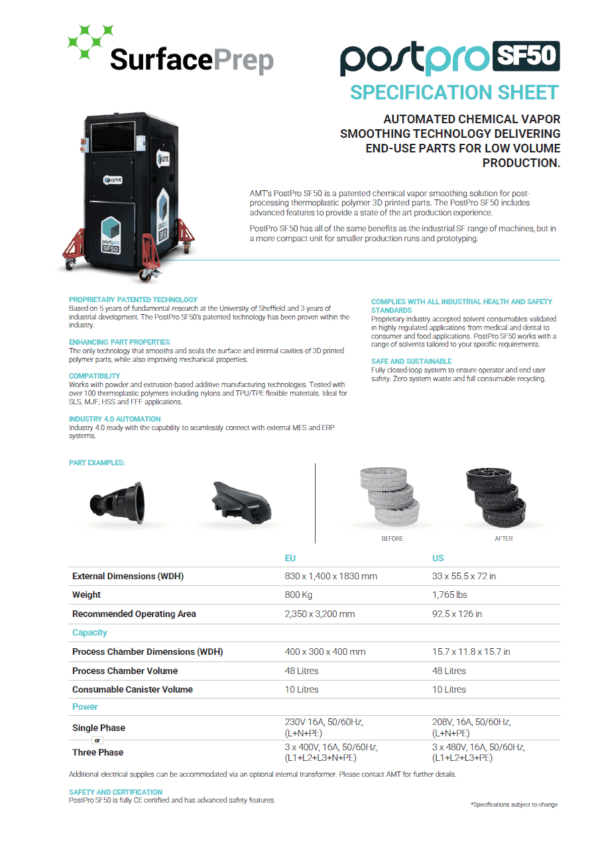 AMT PostPro SF50 specification sheet