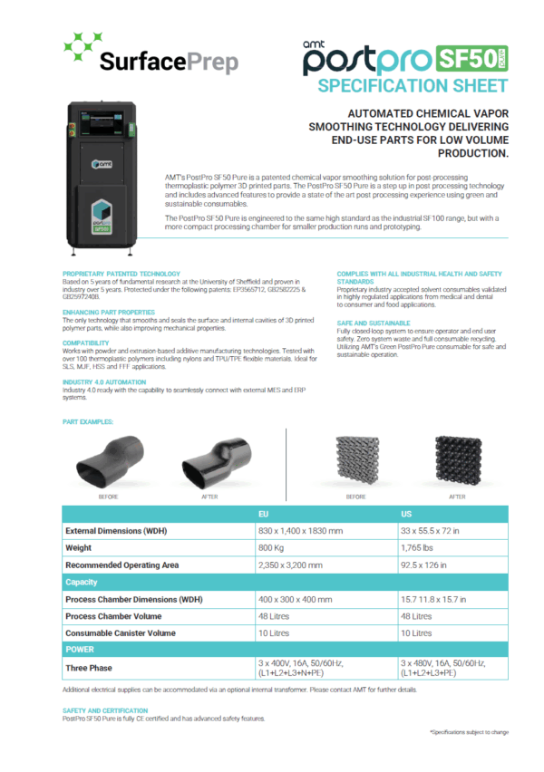 AMT PostPro SF50 specification sheet