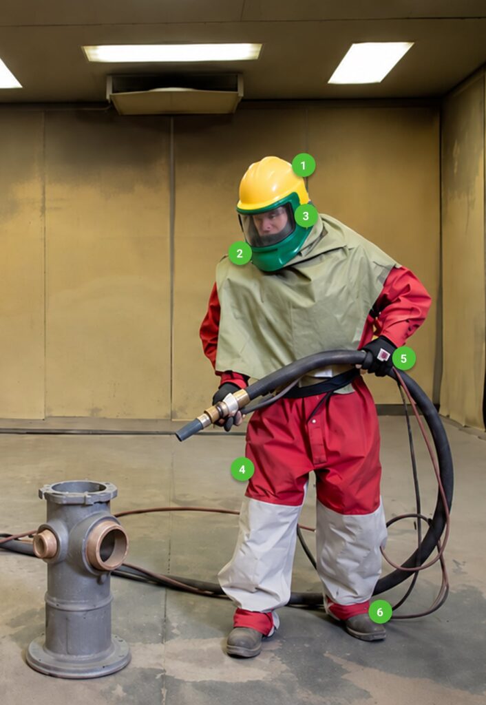 safety-anatomy Abrasive blasting operator in a supplied-air helmet, cape and gloves